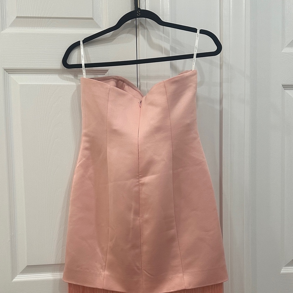 Club L London Blush Pink Satin Bandeau Maxi Dress With Fringe - Picture 3 of 10